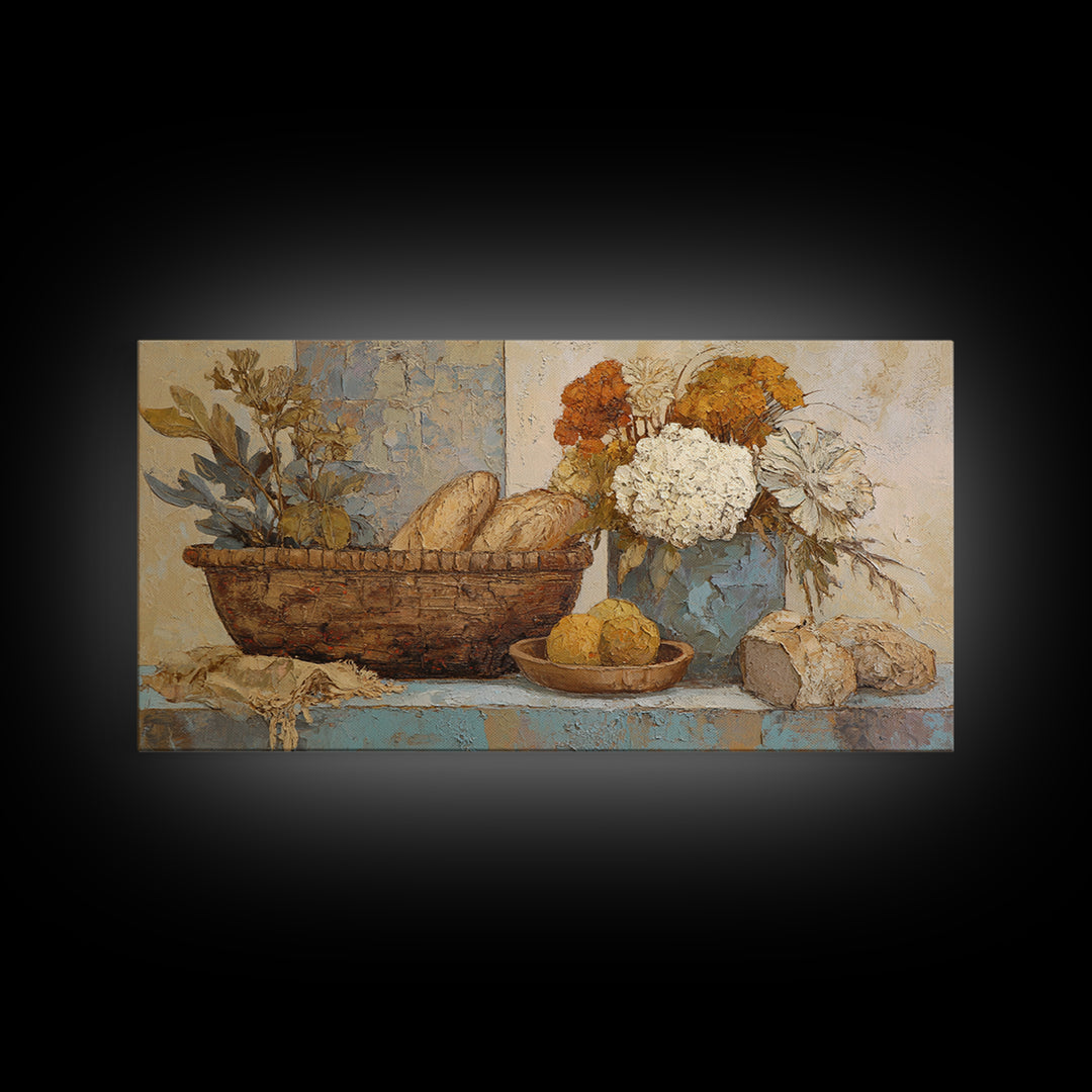 French Market Basket Framed Canvas Print, French Country Art, Digital Wall Art, Farmhouse Decor, Oil Painting, Country, FCA-2x1-3