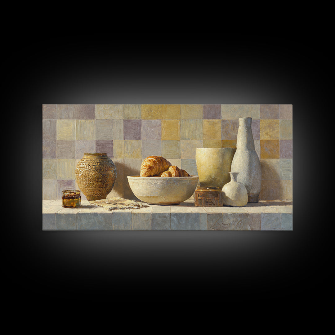 Caf Au Lait Bowl Framed Canvas Print, French Country Art, Above Bed Art, Farmhouse Decor, Fine Art, Country, Textured Painting, FCA-2x1-30