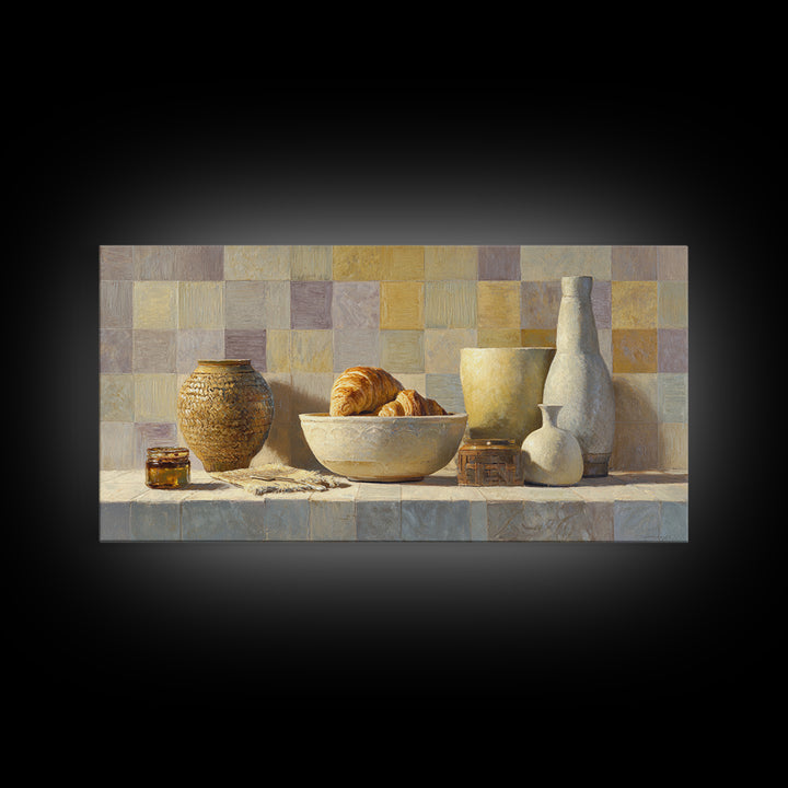 Caf Au Lait Bowl Framed Canvas Print, French Country Art, Above Bed Art, Farmhouse Decor, Fine Art, Country, Textured Painting, FCA-2x1-30