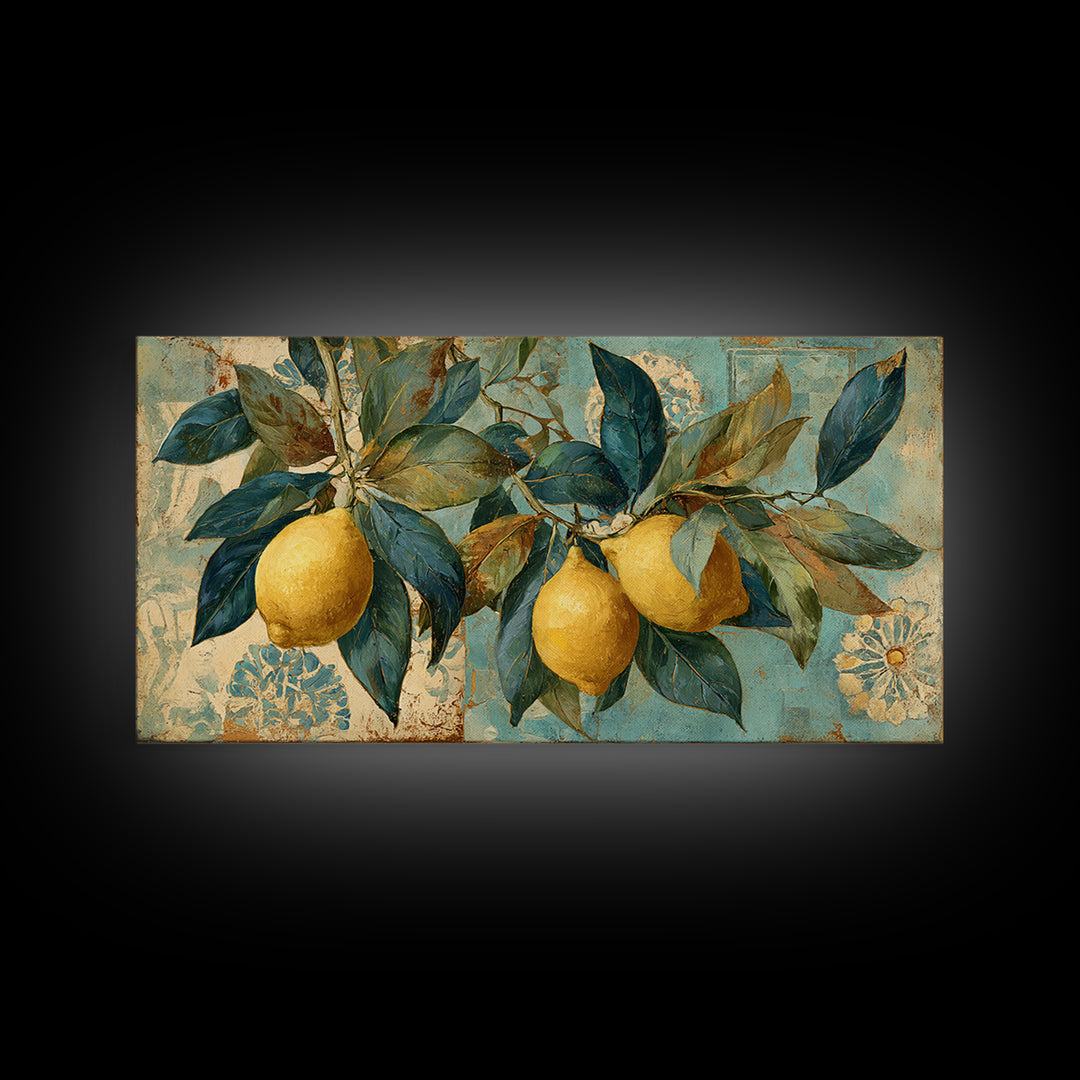 Aged Botanical Plate of Lemons and Leaves Canvas Print, French Country Art, Farmhouse Decor, Watercolor Art, Country, FCA-2x1-32