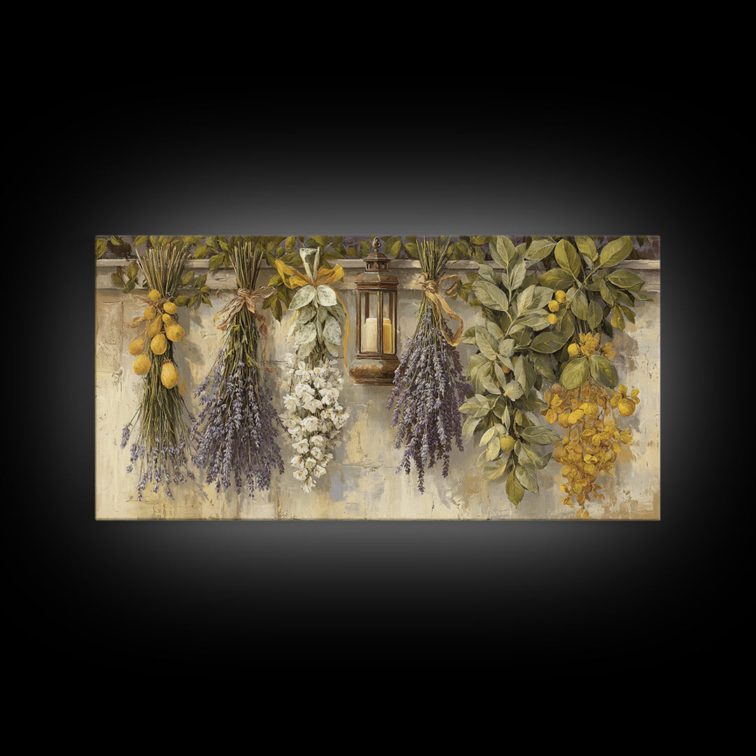 Farmhouse Kitchen Herbs Tied Framed Canvas Print, French Country Art, Above Bed Art, Farmhouse Decor, Fine Art, Country, FCA-2x1-33