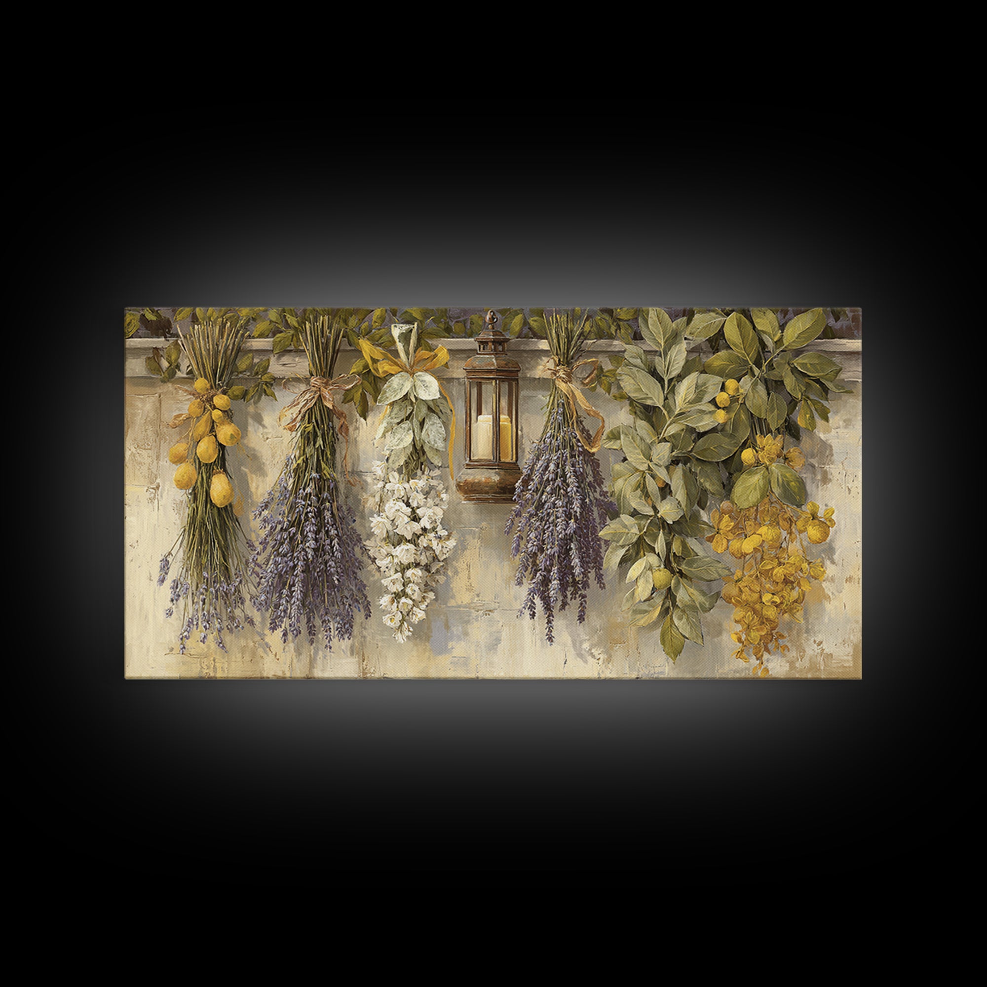 Farmhouse Kitchen Herbs Tied Framed Canvas Print, French Country Art, Above Bed Art, Farmhouse Decor, Fine Art, Country, FCA-2x1-33