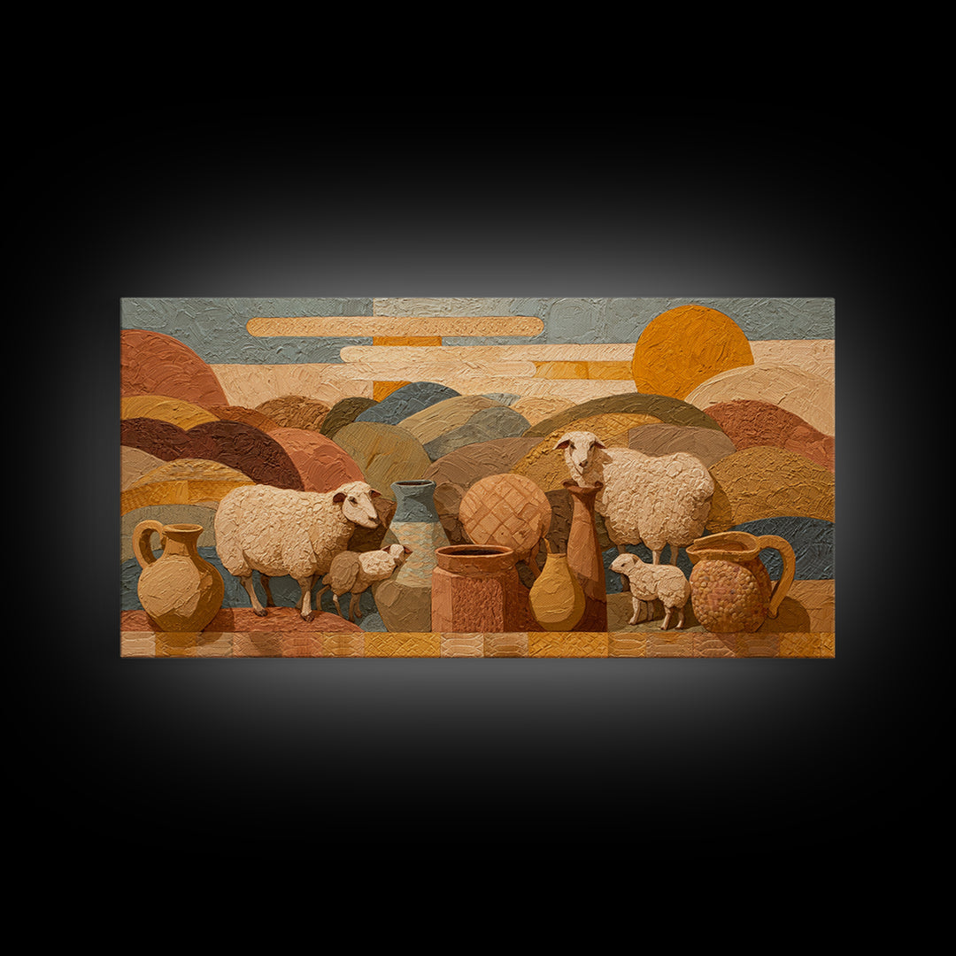 Pastoral Sheep in Rolling Countryside Framed Canvas Print, French Country Art, Home Decor, Farmhouse Decor, Fine Art, Country, FCA-2x1-34