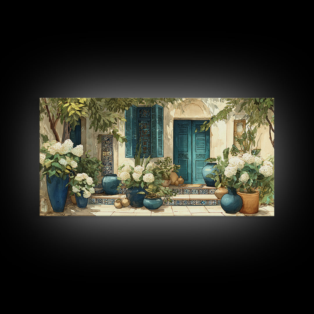 Soft Hydrangeas Beside Antique Shutters Canvas Print, French Country Art, Statement Artwork, Farmhouse Decor, Fine Art, Country, FCA-2x1-4