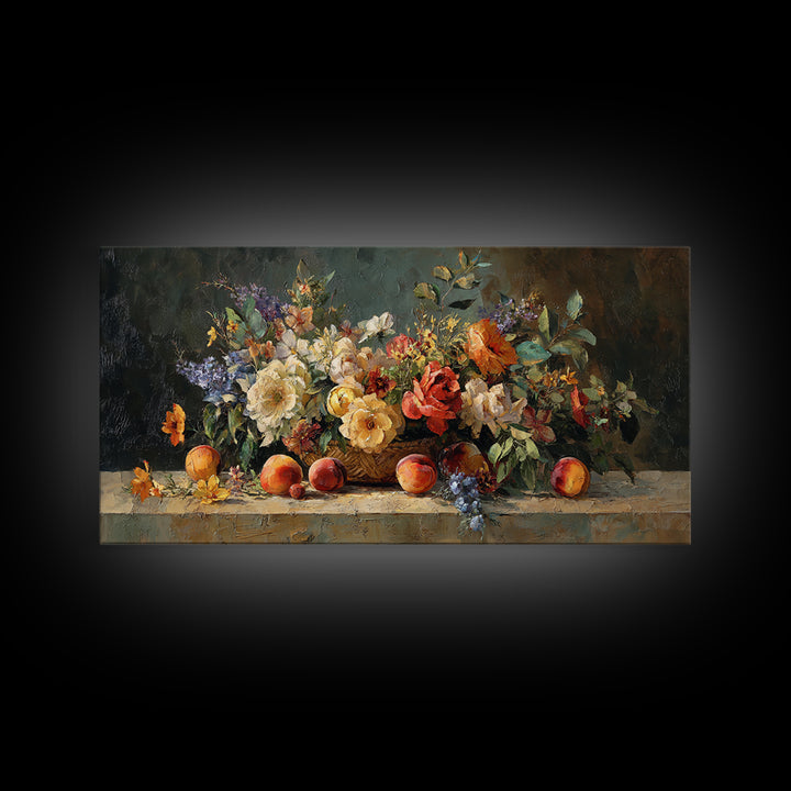 Basket of Fresh Peaches and Wildflowers Framed Canvas Print, French Country Art, Contemporary Art, Farmhouse Decor, Country, FCA-2x1-40