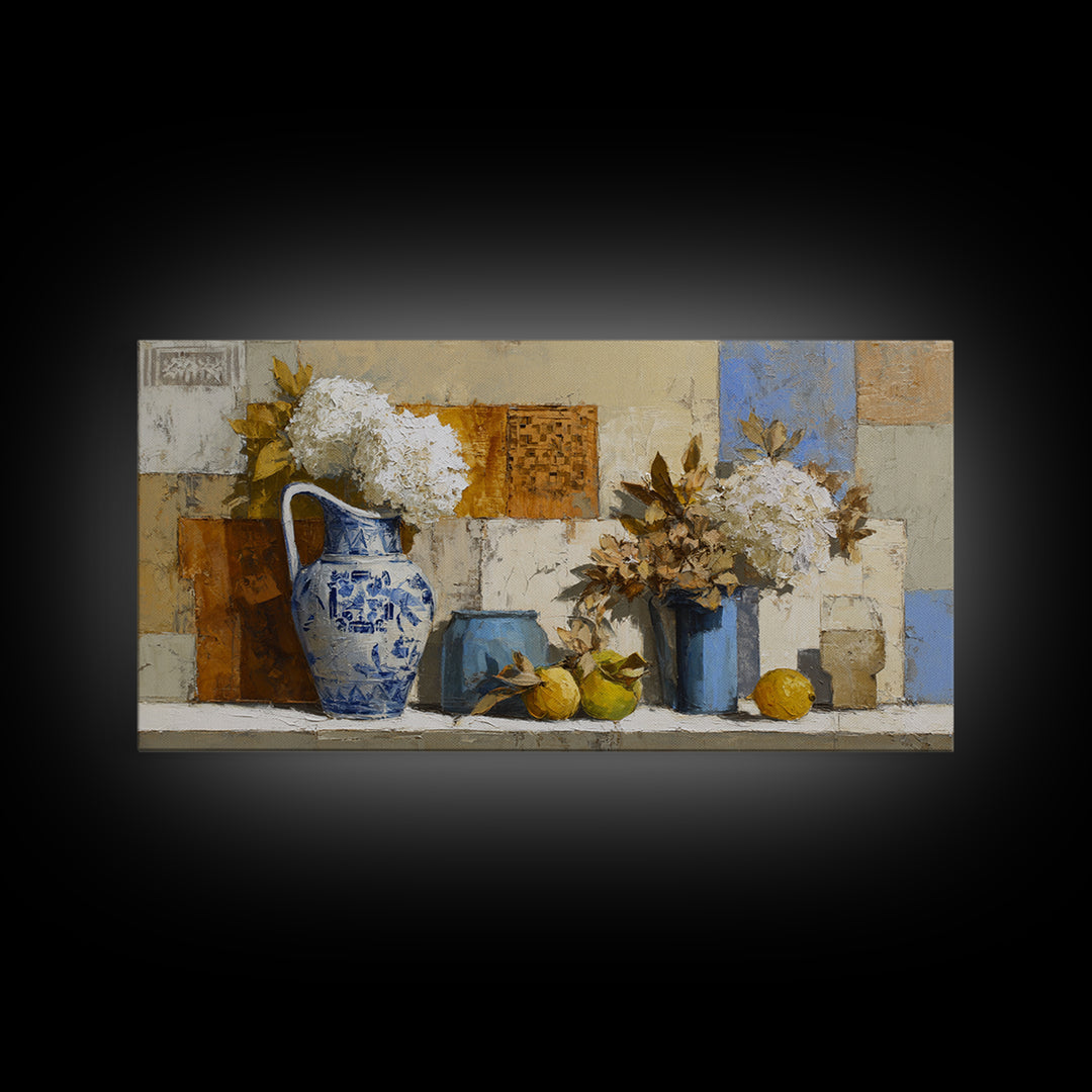Blue and White Ceramic Pitcher Canvas Print, French Country Art, Oil Painting, Farmhouse Decor, Watercolor Art, Country, FCA-2x1-47