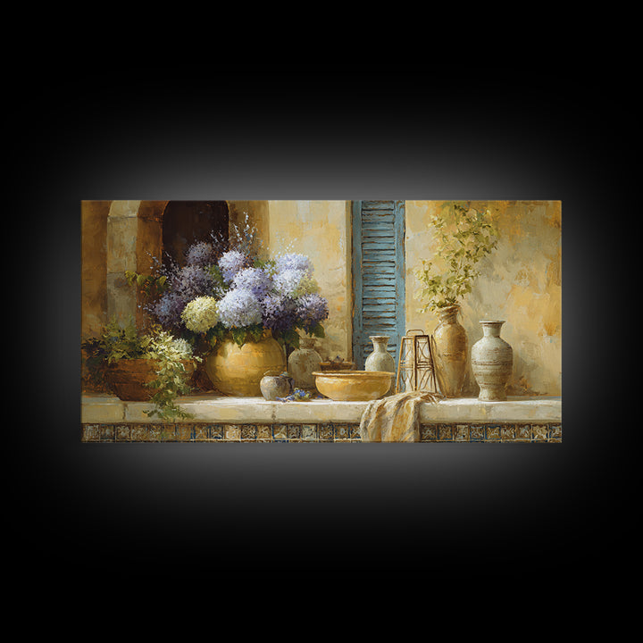 Soft Hydrangeas Beside Antique Shutters Canvas Print, French Country Art, Digital Prints, Farmhouse Decor, Fine Art, Country, FCA-2x1-52
