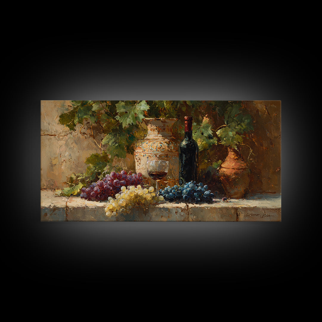 Grapes and Wine Still Life Canvas Print, French Country Art, Farmhouse Decor, Oil Painting, Country, Digital Wall Art, FCA-2x1-53