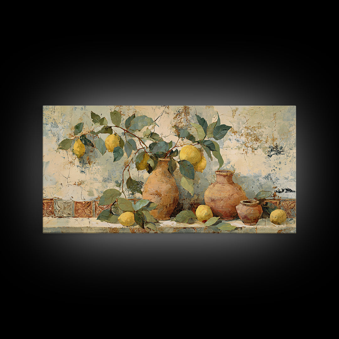 Aged Botanical Plate of Lemons and Leaves Framed Canvas Print, French Country Art, Digital Art, Farmhouse Decor, Country, FCA-2x1-56
