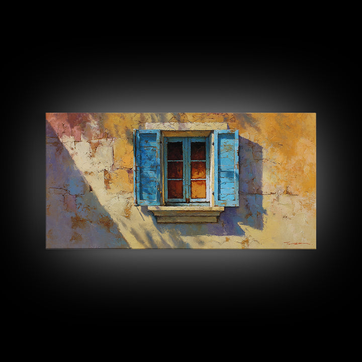 Weathered Window with Blue Shutters Framed Canvas Print, French Country Art, Boho Decor, Farmhouse Decor, Abstract Art, Country, FCA-2x1-65