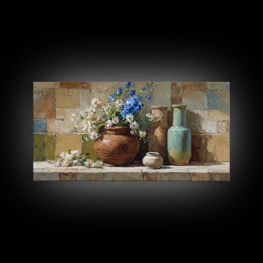 Antique Copper Pot and Flowers Still Life Canvas Print, French Country Art, Oil Painting, Farmhouse Decor, Watercolor Art, FCA-2x1-68