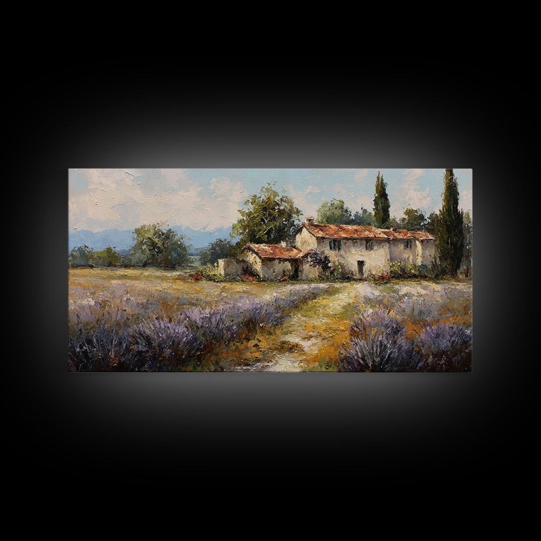 Lavender Field with Distant Stone Farmhouse Canvas Print, French Country Art, Minimalist Decor, Farmhouse Decor, Country, FCA-2x1-69