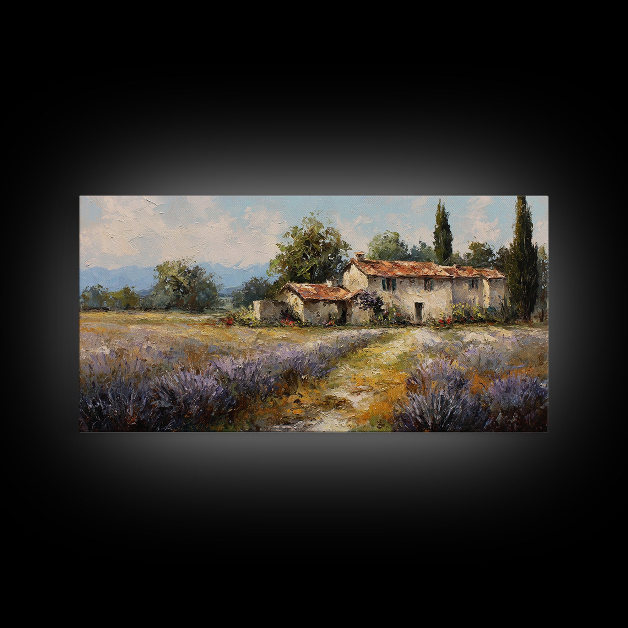 Lavender Field with Distant Stone Farmhouse Canvas Print, French Country Art, Minimalist Decor, Farmhouse Decor, Country, FCA-2x1-69