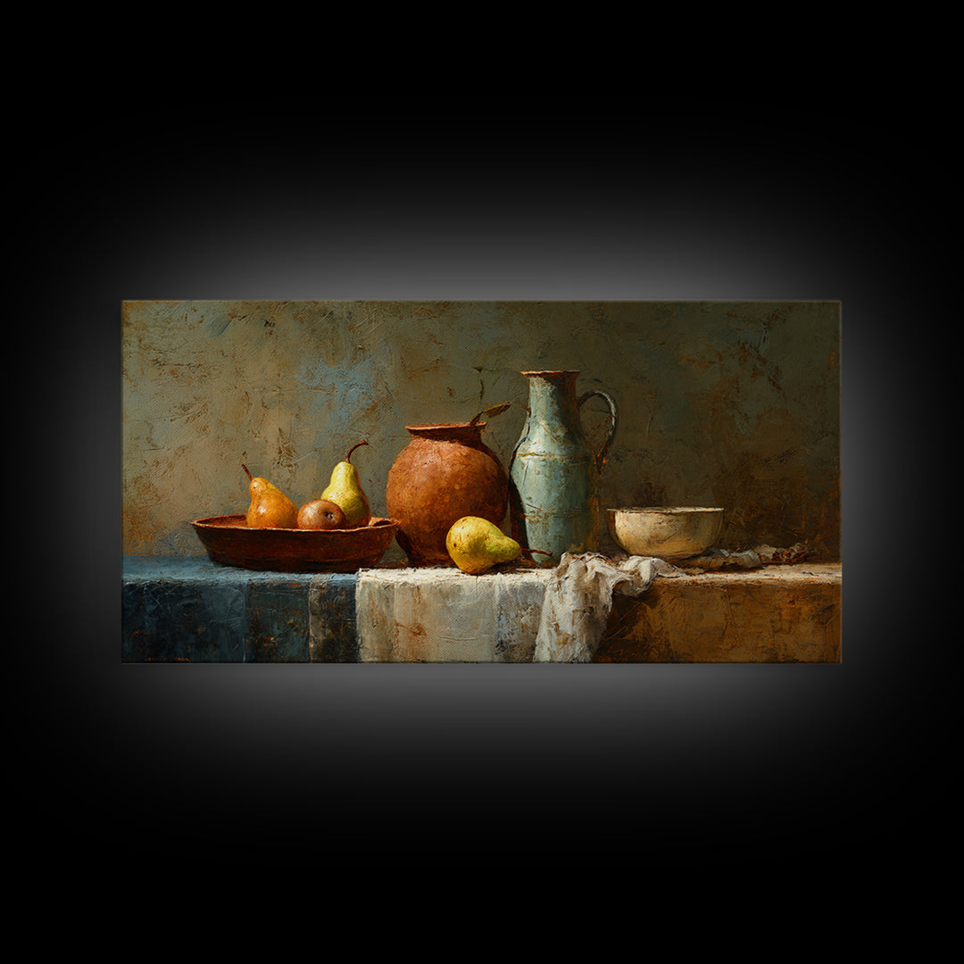 Pear Still Life on Linen Tablecloth Framed Canvas Print, French Country Art, Digital Wall Art, Farmhouse Decor, Abstract Art, FCA-2x1-72