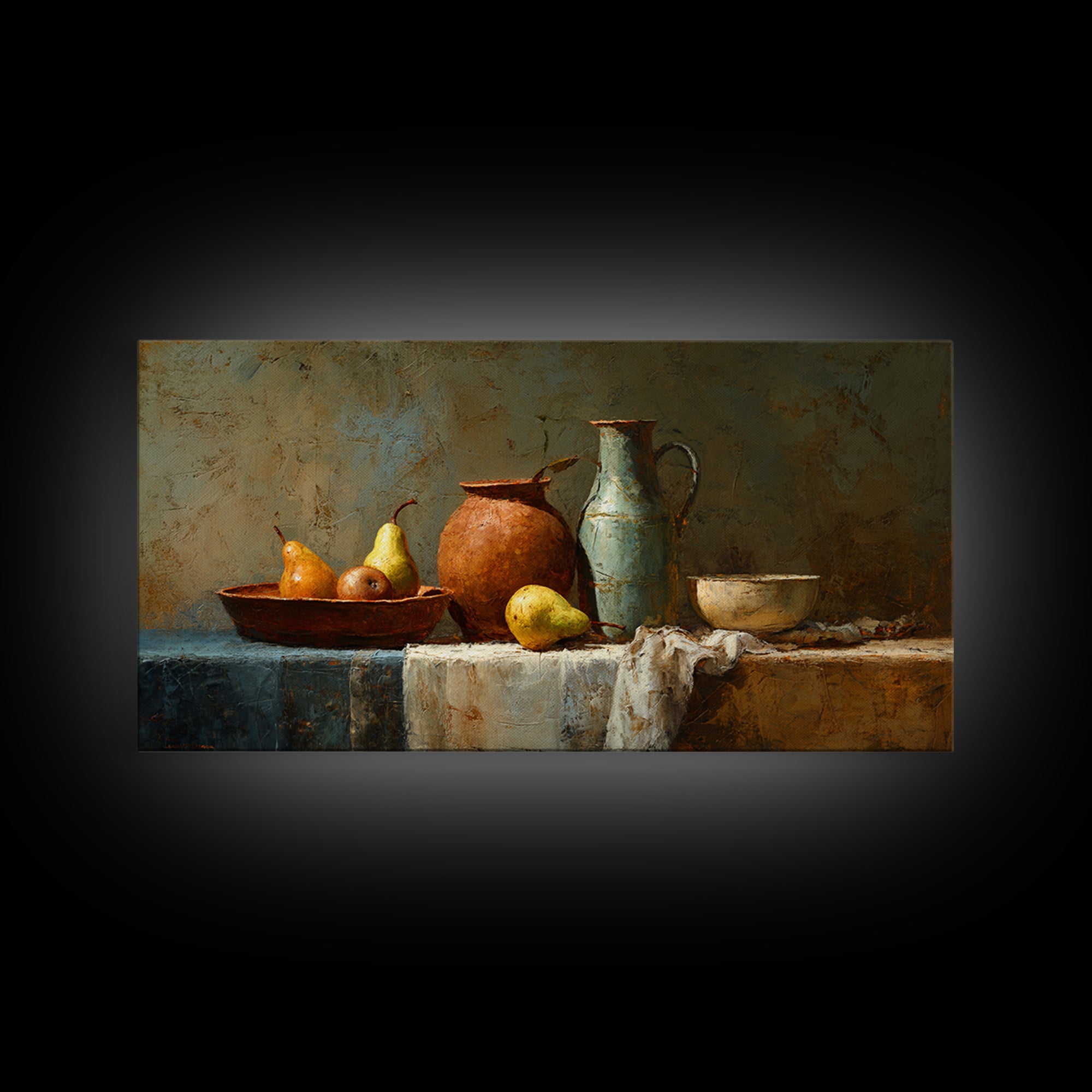 Pear Still Life on Linen Tablecloth Framed Canvas Print, French Country Art, Digital Wall Art, Farmhouse Decor, Abstract Art, FCA-2x1-72