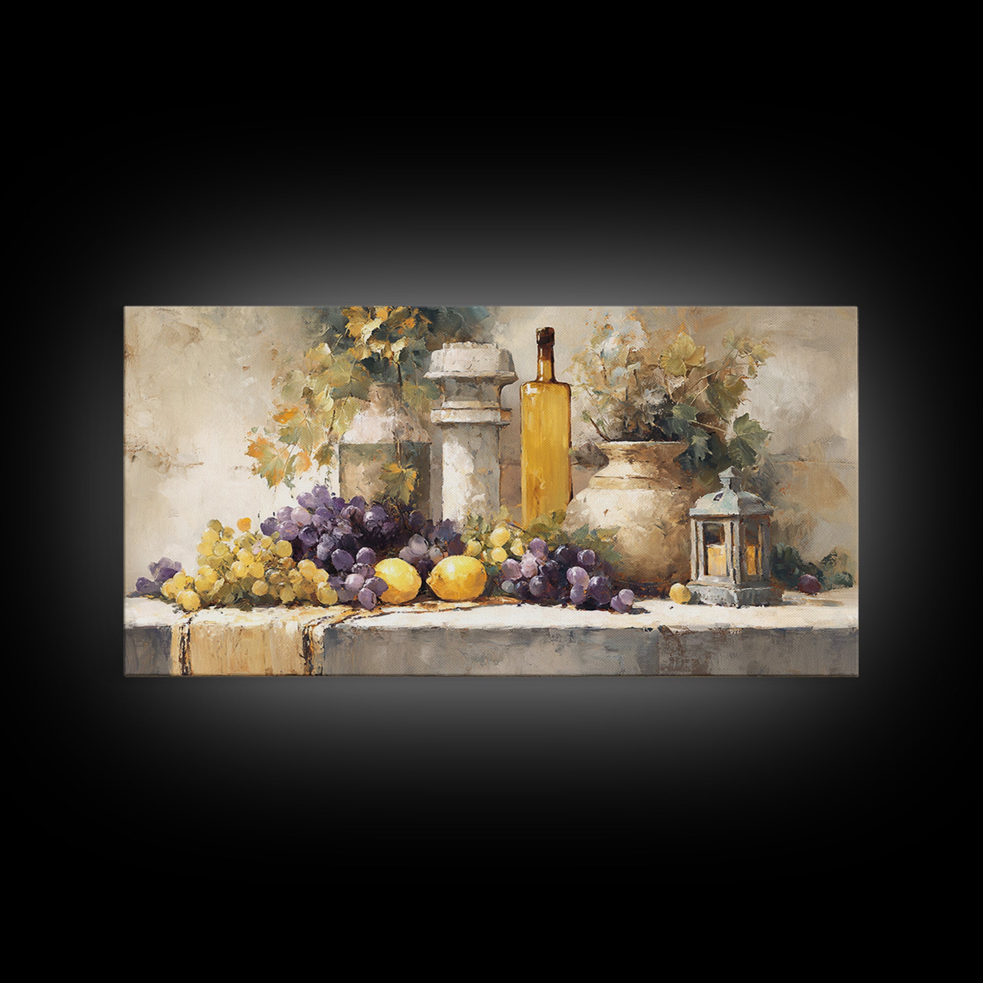 Grapes and Wine Still Life Canvas Print, French Country Art, Farmhouse Decor, Oil Painting, Country, Digital Wall Art, FCA-2x1-77