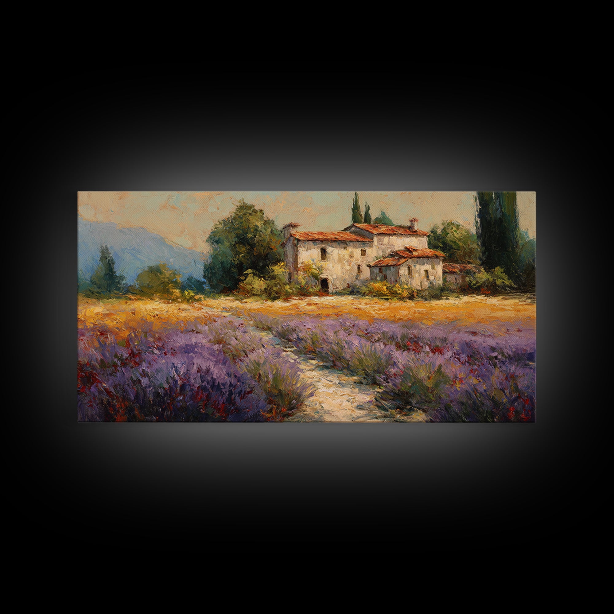 Lavender Field with Distant Stone Farmhouse Canvas Print, French Country Art, Minimalist Decor, Farmhouse Decor, Country, FCA-2x1-93