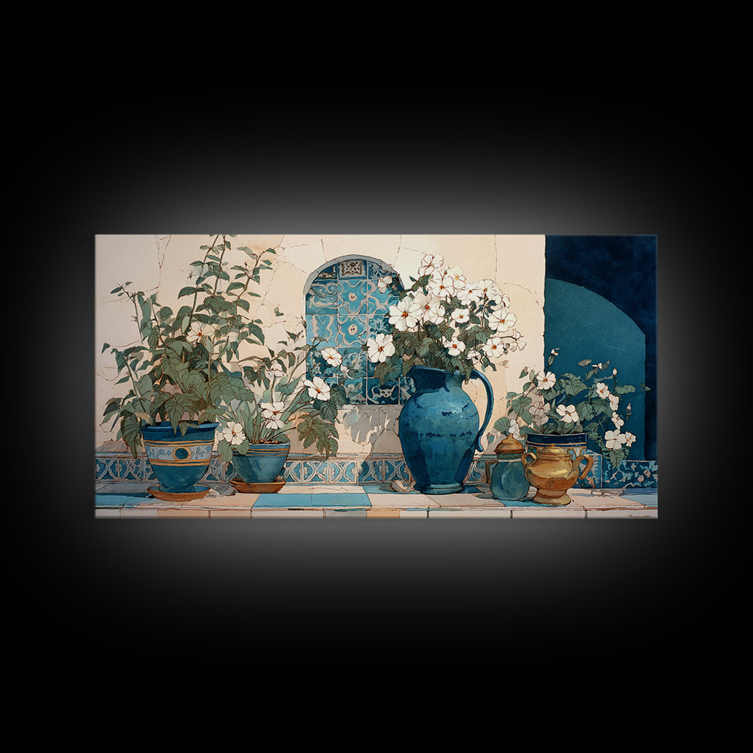 Blue and White Ceramic Pitcher Framed Canvas Print, French Country Art, French Country Decor, Farmhouse Decor, Oil Painting, FCA-2x1-95