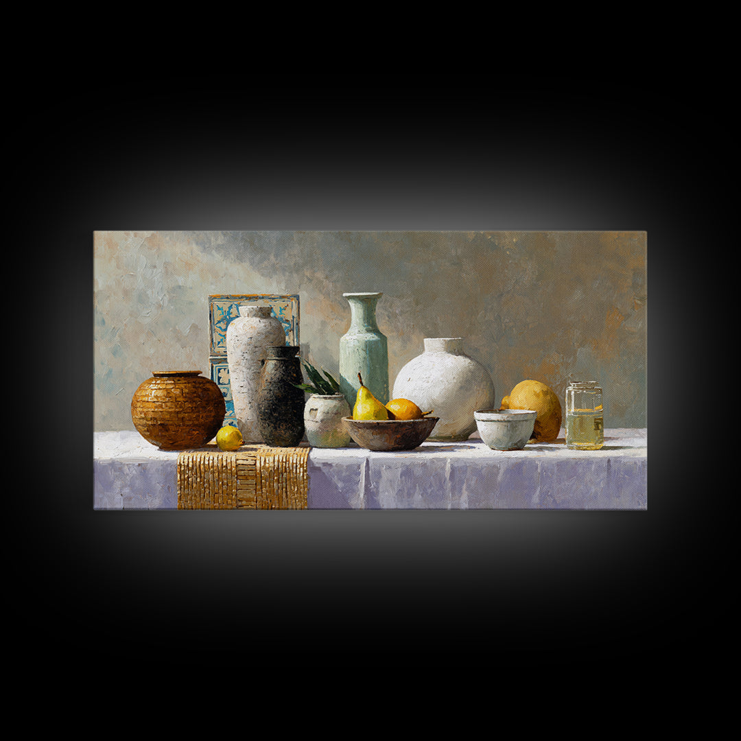 Pear Still Life on Linen Tablecloth Framed Canvas Print, French Country Art, Digital Art Prints, Farmhouse Decor, Country, FCA-2x1-96
