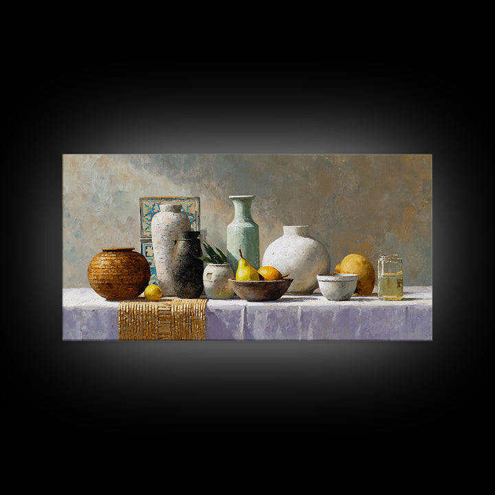 Pear Still Life on Linen Tablecloth Framed Canvas Print, French Country Art, Digital Art Prints, Farmhouse Decor, Country, FCA-2x1-96