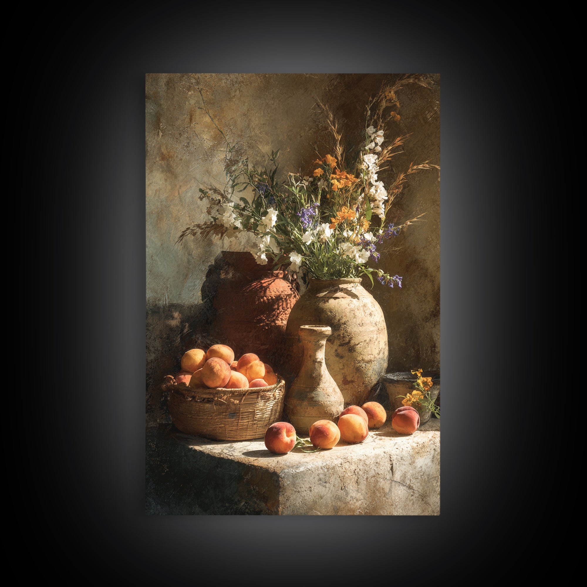 Basket of Fresh Peaches and Wildflowers Canvas Print, French Country Art, Floral Wall Art, Farmhouse Decor, Country, FCA-2x3-100
