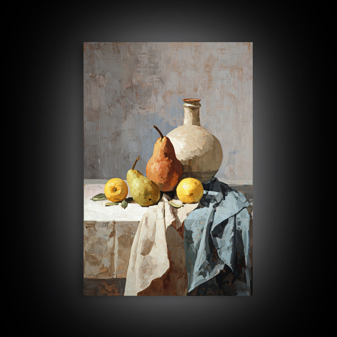 Pear Still Life on Linen Tablecloth Framed Canvas Print, French Country Art, Downloadable Art, Farmhouse Decor, Country, FCA-2x3-12