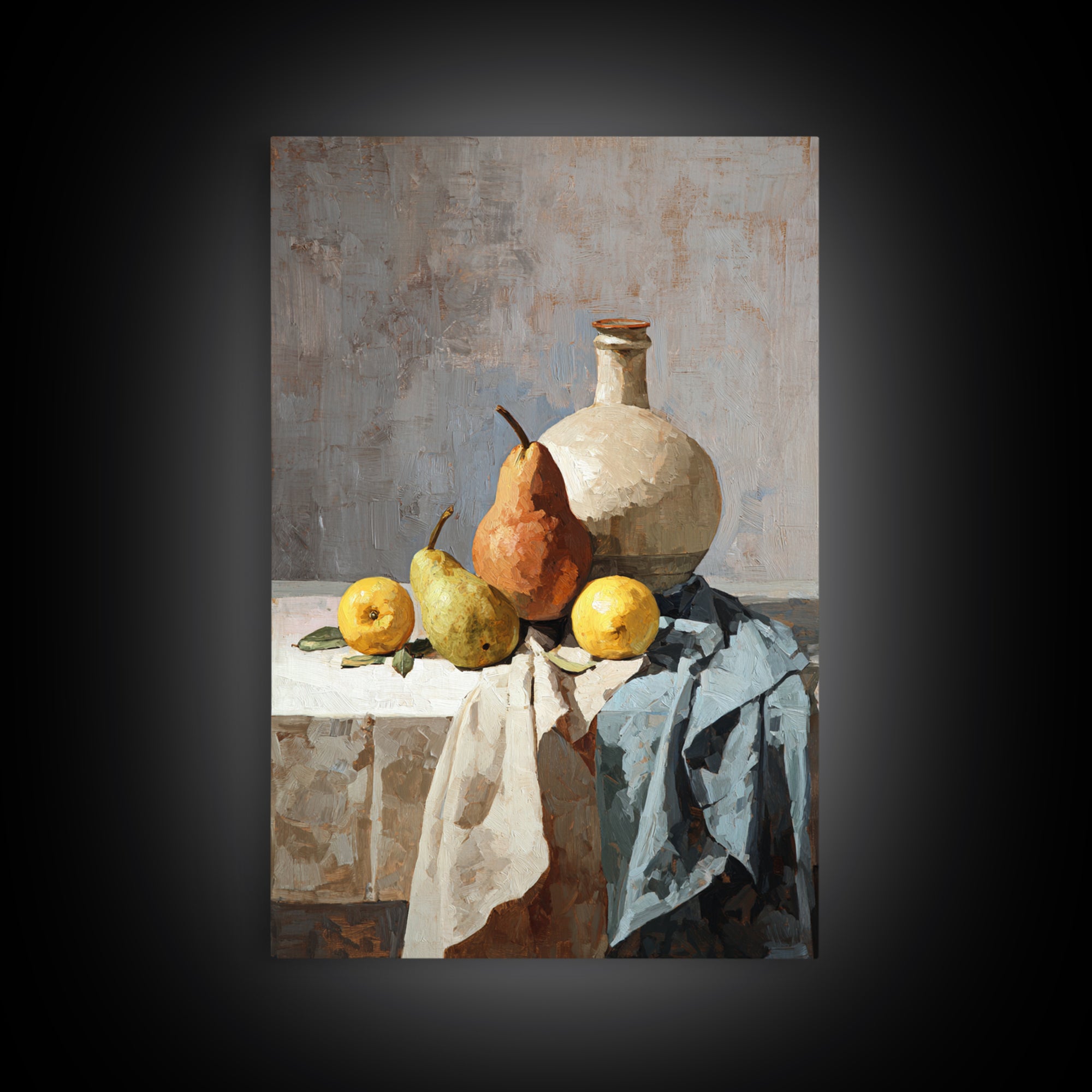 Pear Still Life on Linen Tablecloth Framed Canvas Print, French Country Art, Downloadable Art, Farmhouse Decor, Country, FCA-2x3-12