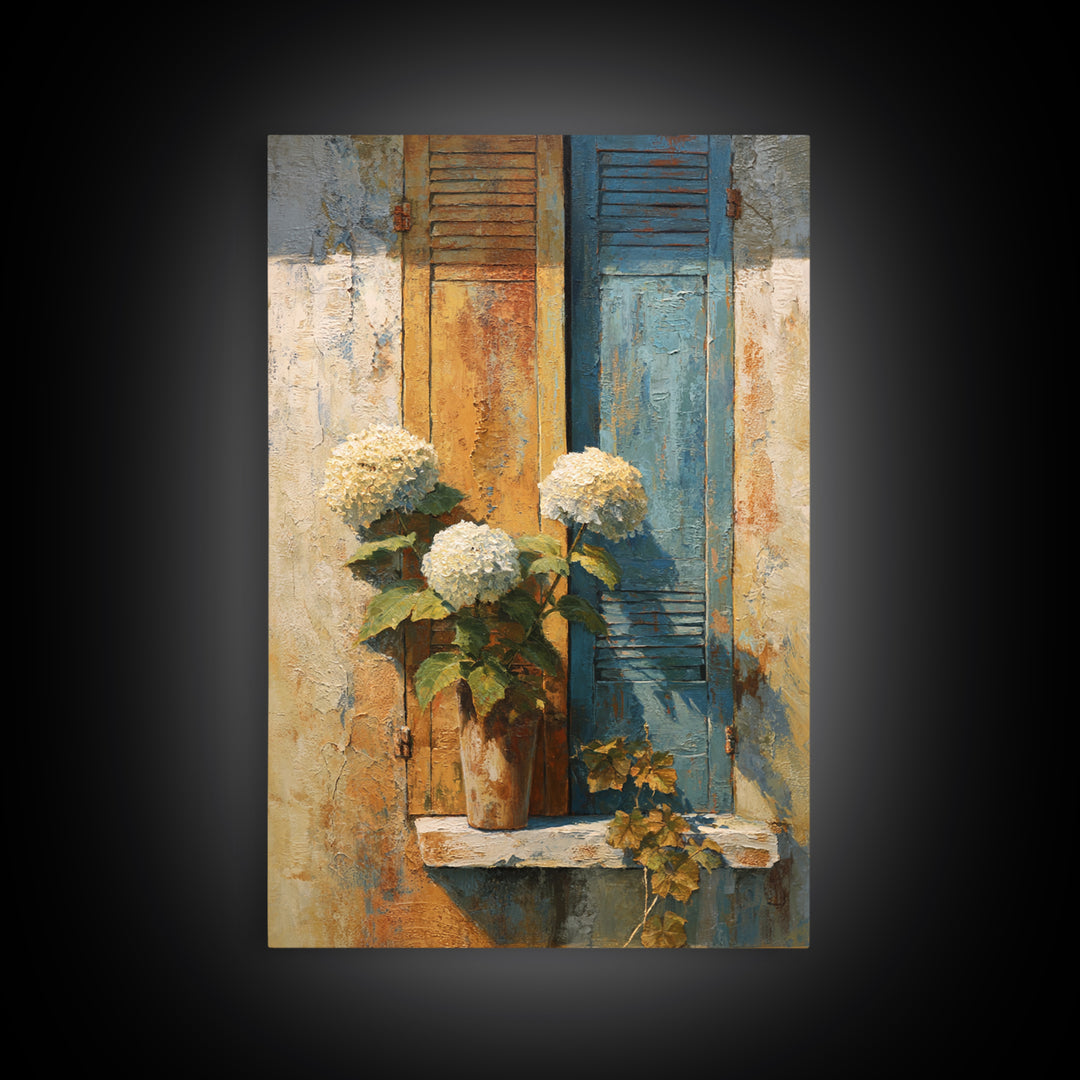 Soft Hydrangeas Beside Antique Shutters Canvas Print, French Country Art, Original Painting, Farmhouse Decor, Fine Art, Country, FCA-2x3-16