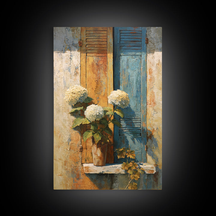 Soft Hydrangeas Beside Antique Shutters Canvas Print, French Country Art, Original Painting, Farmhouse Decor, Fine Art, Country, FCA-2x3-16