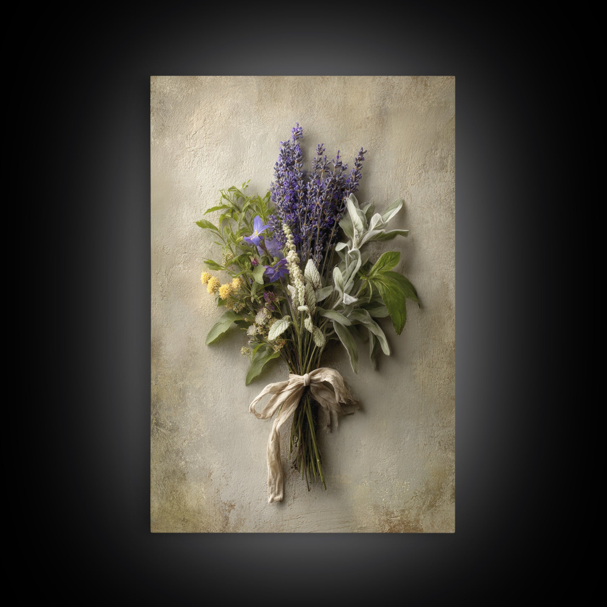 Farmhouse Kitchen Herbs Tied Framed Canvas Print, French Country Art, Above Bed Art, Farmhouse Decor, Oil Painting, Country, FCA-2x3-21