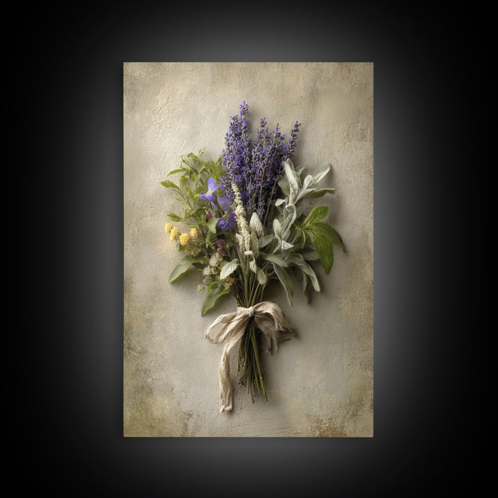 Farmhouse Kitchen Herbs Tied Framed Canvas Print, French Country Art, Above Bed Art, Farmhouse Decor, Oil Painting, Country, FCA-2x3-21