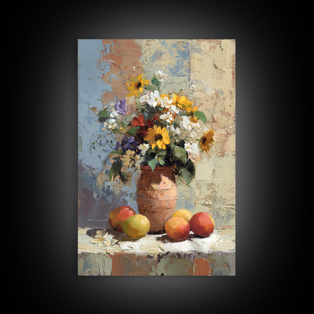 Basket of Fresh Peaches and Wildflowers Canvas Print, French Country Art, Textured Painting, Farmhouse Decor, Country, FCA-2x3-28