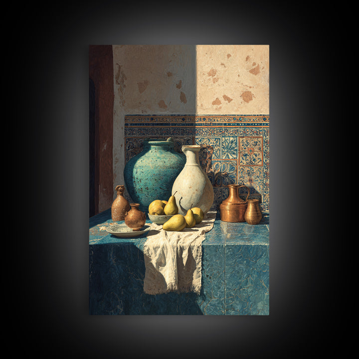 Pear Still Life on Linen Tablecloth Framed Canvas Print, French Country Art, Farmhouse Decor, Abstract Art, Country, FCA-2x3-36