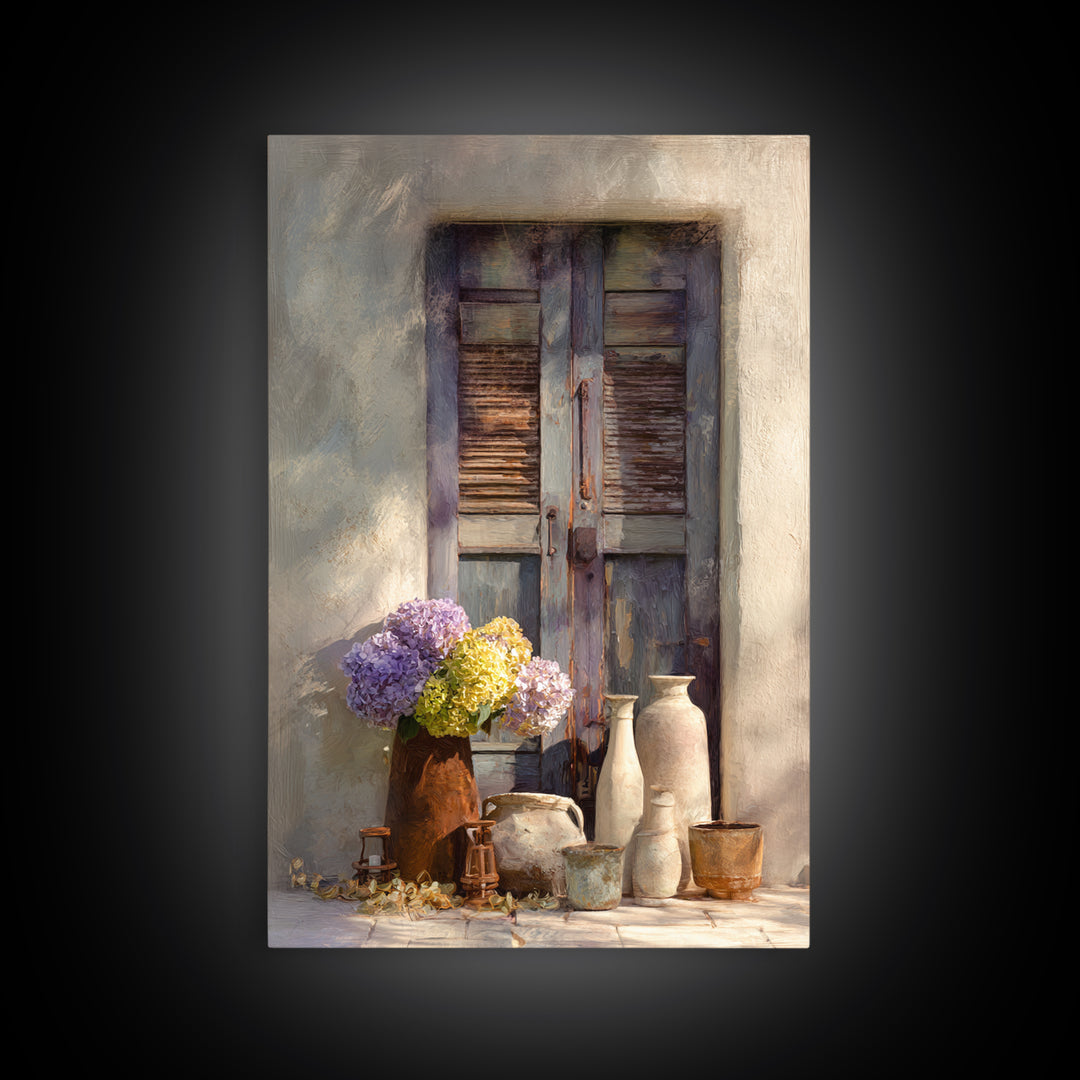 Soft Hydrangeas Beside Antique Shutters Canvas Print, French Country Art, Botanical Prints, Farmhouse Decor, Fine Art, Country, FCA-2x3-40