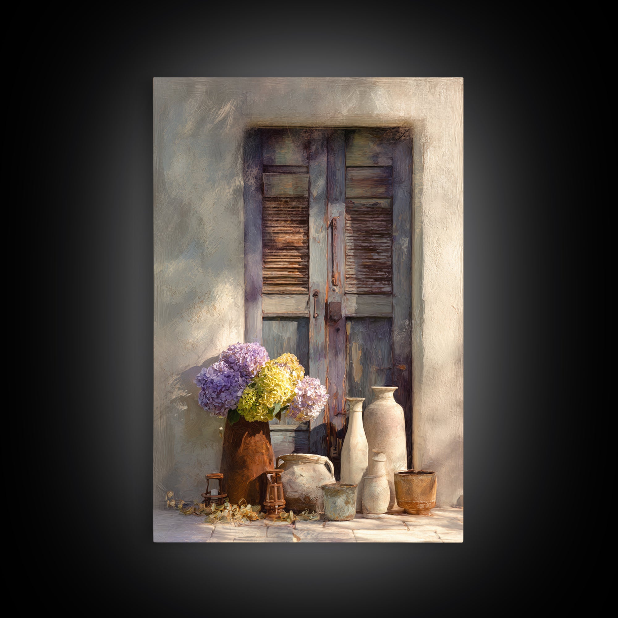 Soft Hydrangeas Beside Antique Shutters Canvas Print, French Country Art, Botanical Prints, Farmhouse Decor, Fine Art, Country, FCA-2x3-40