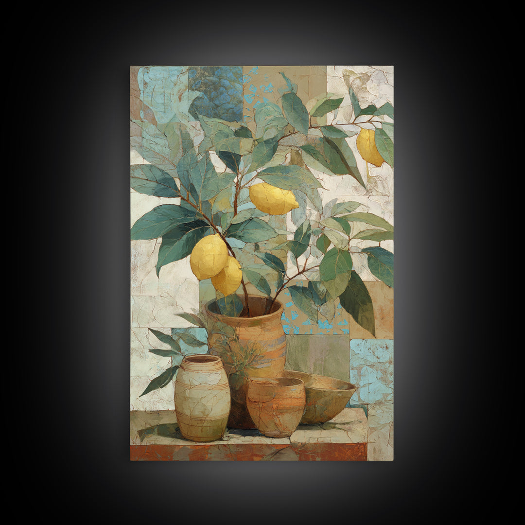 Aged Botanical Plate of Lemons and Leaves Framed Canvas Print, French Country Art, Farmhouse Decor, Watercolor Art, Country, FCA-2x3-44