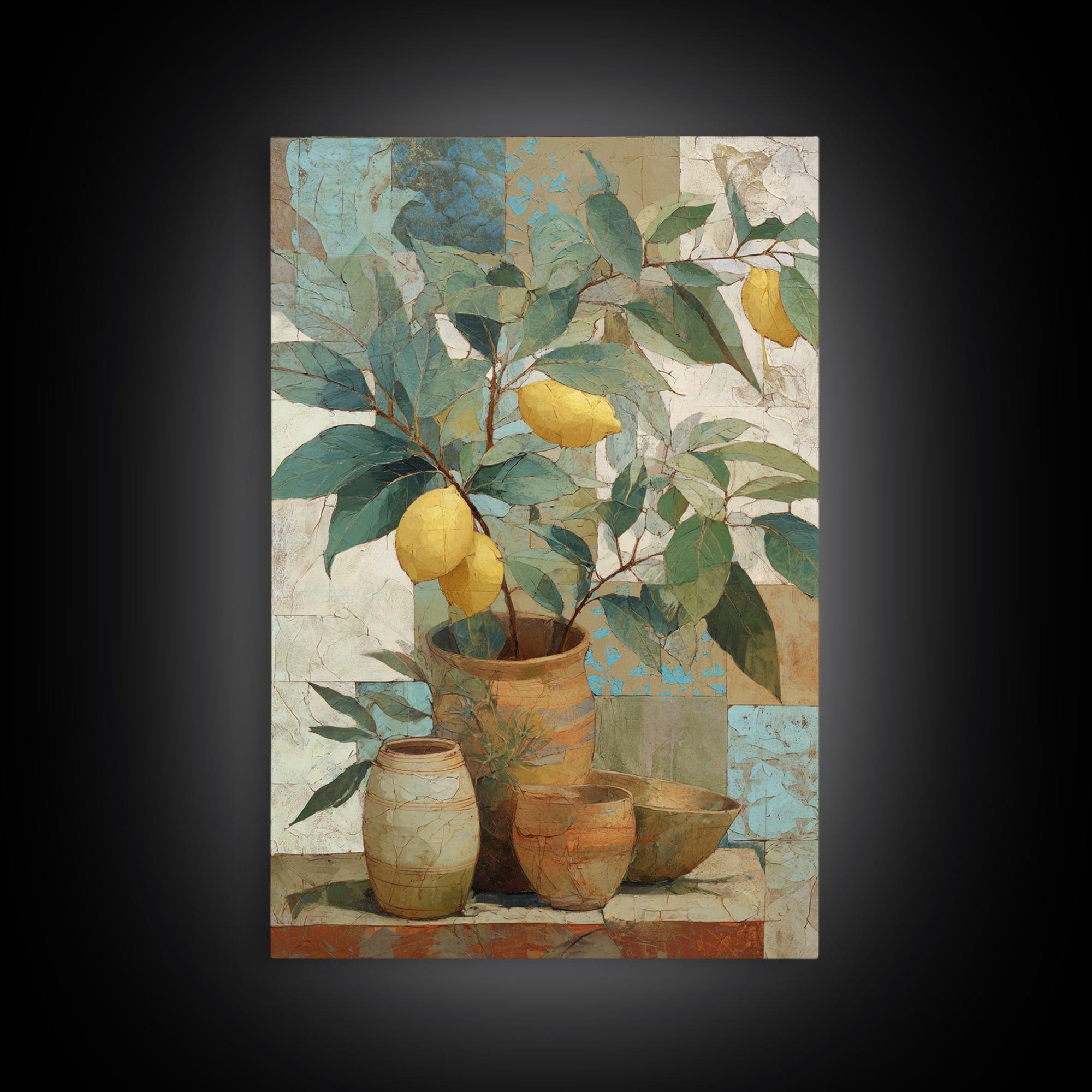 Aged Botanical Plate of Lemons and Leaves Framed Canvas Print, French Country Art, Farmhouse Decor, Watercolor Art, Country, FCA-2x3-44