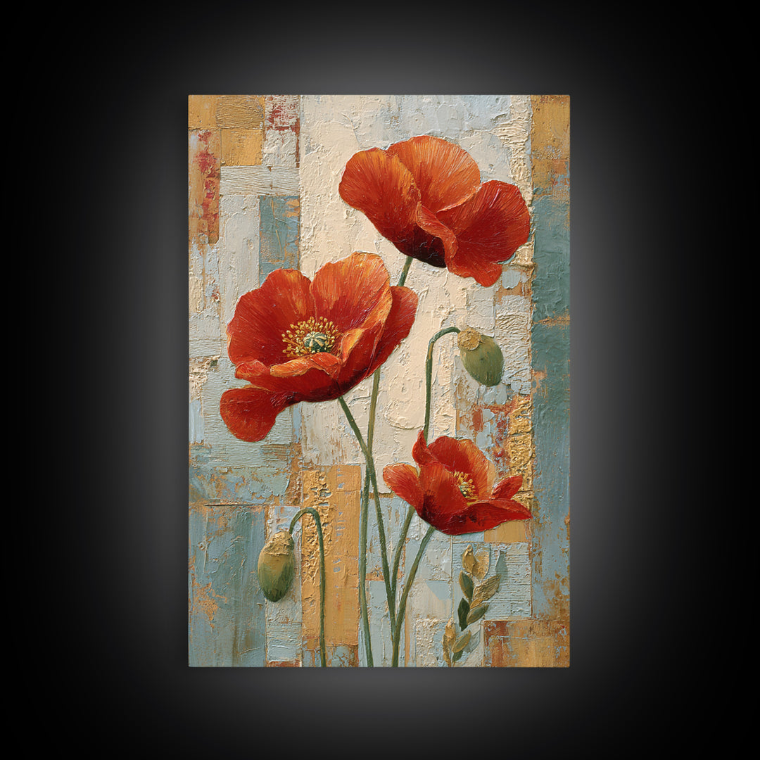 Poppies Beside a Stone Garden Wall Framed Canvas Print, French Country Art, French Country Decor, Farmhouse Decor, Country, FCA-2x3-47
