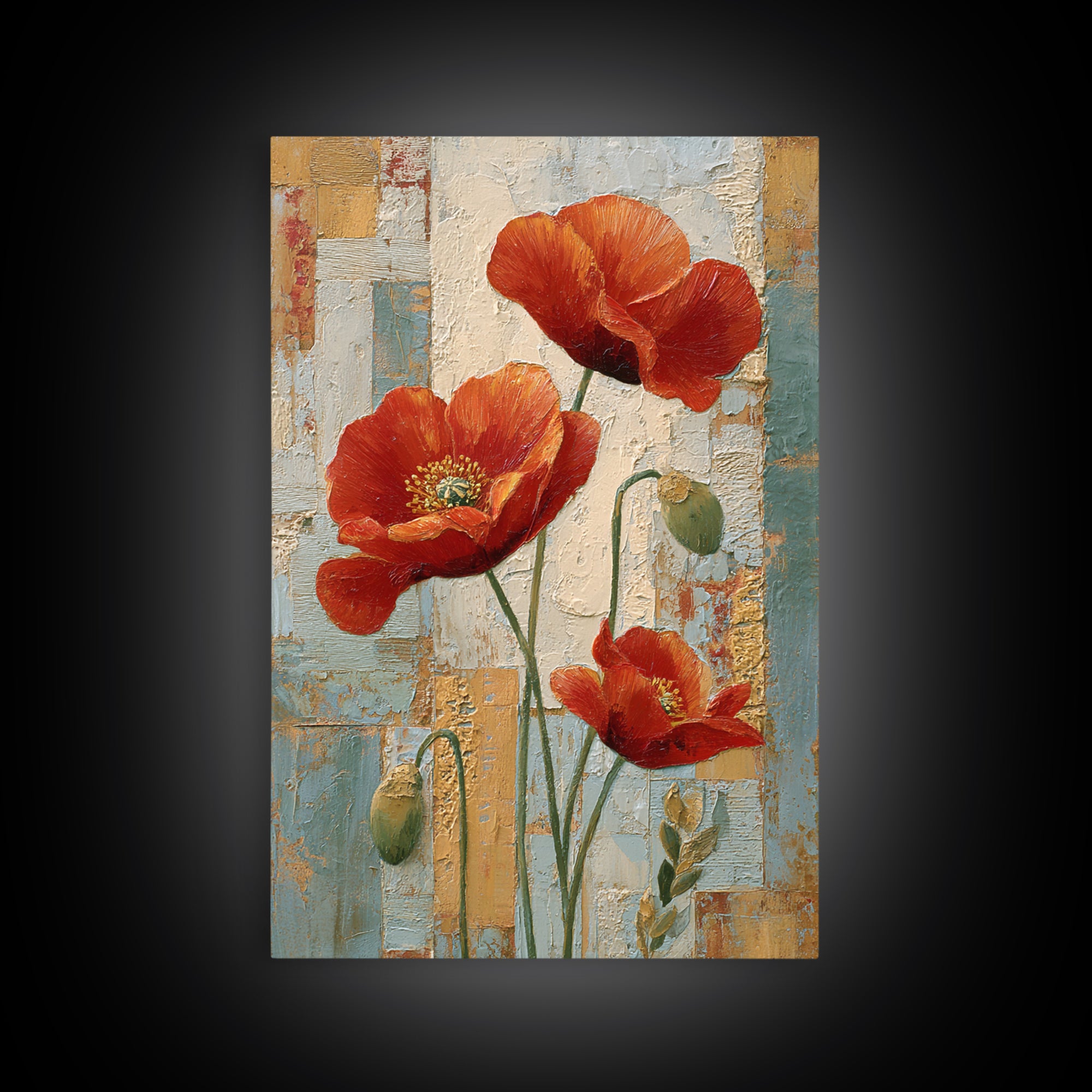 Poppies Beside a Stone Garden Wall Framed Canvas Print, French Country Art, French Country Decor, Farmhouse Decor, Country, FCA-2x3-47