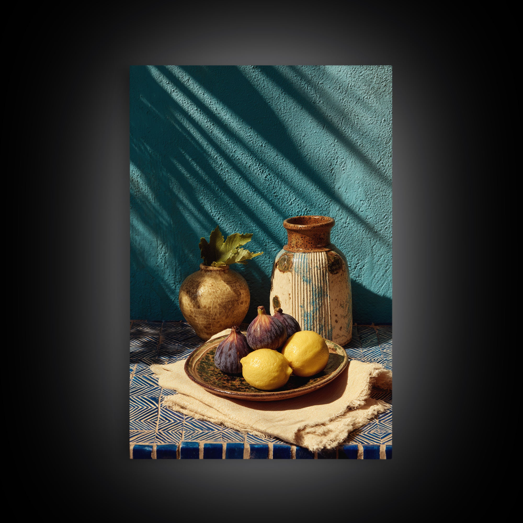 Figs on Ceramic Plate Framed Canvas Print, French Country Art, Digital Art Prints, Farmhouse Decor, Abstract Art, Country, FCA-2x3-48