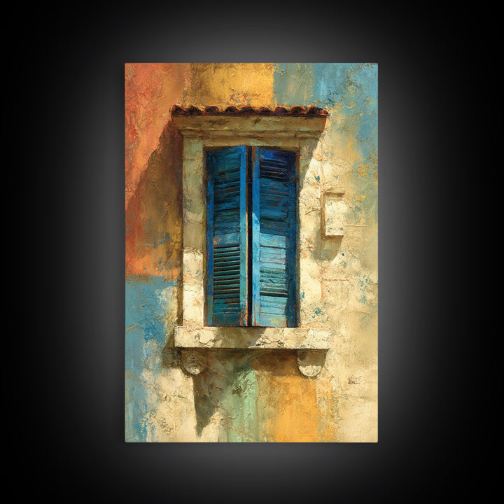 Weathered Window with Blue Shutters Framed Canvas Print, French Country Art, Boho Decor, Farmhouse Decor, Oil Painting, Country, FCA-2x3-53