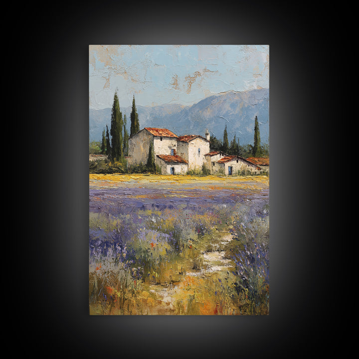 Lavender Field with Distant Stone Farmhouse Canvas Print, French Country Art, Minimalist Decor, Farmhouse Decor, Oil Painting, FCA-2x3-57