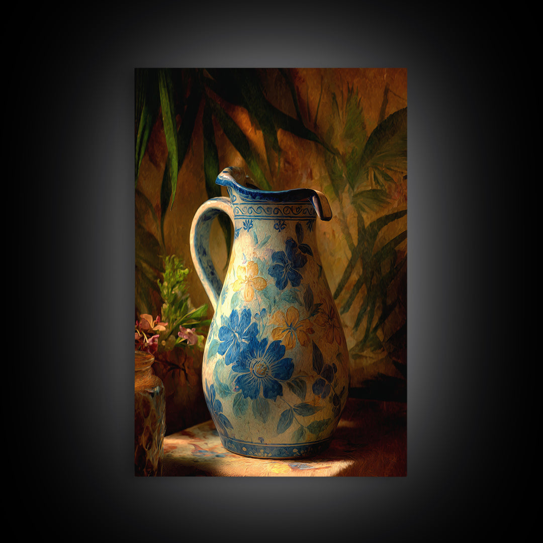 Blue and White Ceramic Pitcher Framed Canvas Print, French Country Art, Landscape Wall Art, Farmhouse Decor, Watercolor Art, FCA-2x3-59
