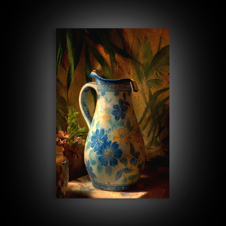 Blue and White Ceramic Pitcher Framed Canvas Print, French Country Art, Landscape Wall Art, Farmhouse Decor, Watercolor Art, FCA-2x3-59