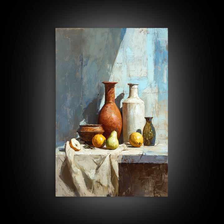 Pear Still Life on Linen Tablecloth Framed Canvas Print, French Country Art, Downloadable Art, Farmhouse Decor, Abstract Art, FCA-2x3-60