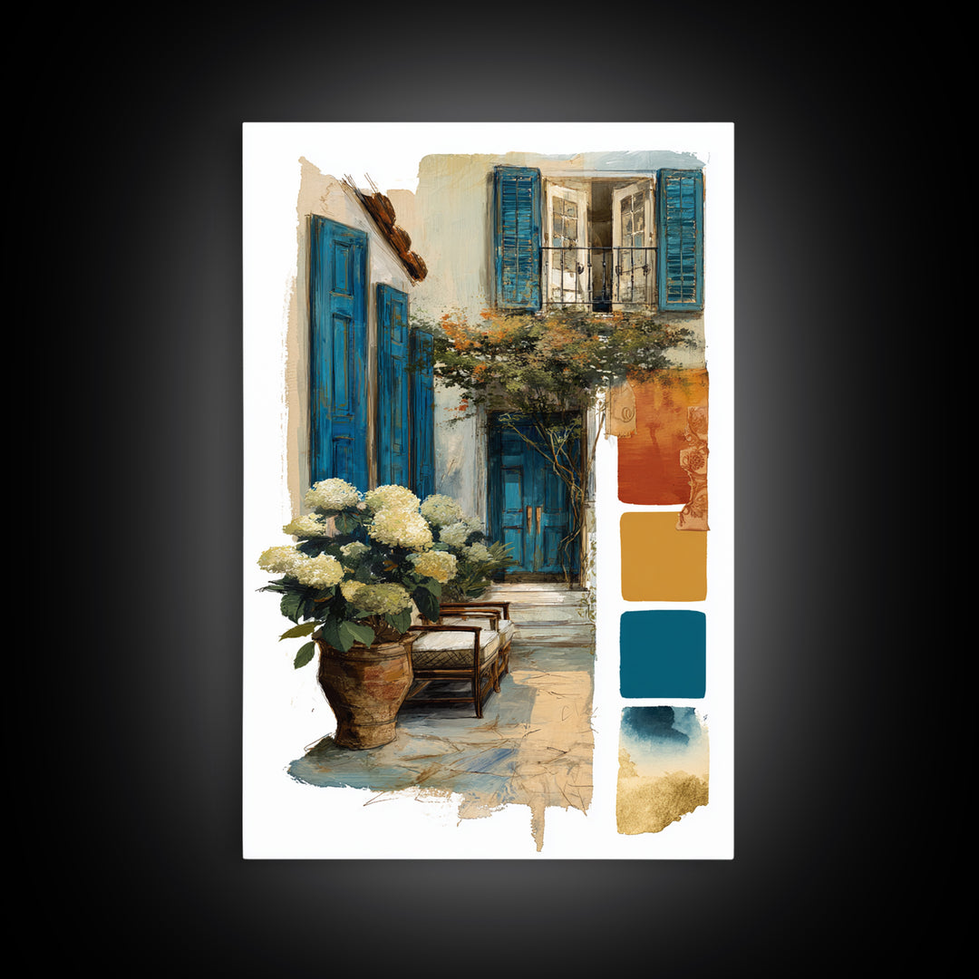 Soft Hydrangeas Beside Antique Shutters Framed Canvas Print, French Country Art, Eclectic Wall Art, Farmhouse Decor, Country, FCA-2x3-64