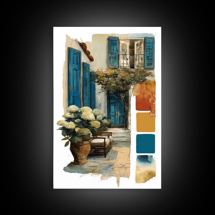 Soft Hydrangeas Beside Antique Shutters Framed Canvas Print, French Country Art, Eclectic Wall Art, Farmhouse Decor, Country, FCA-2x3-64
