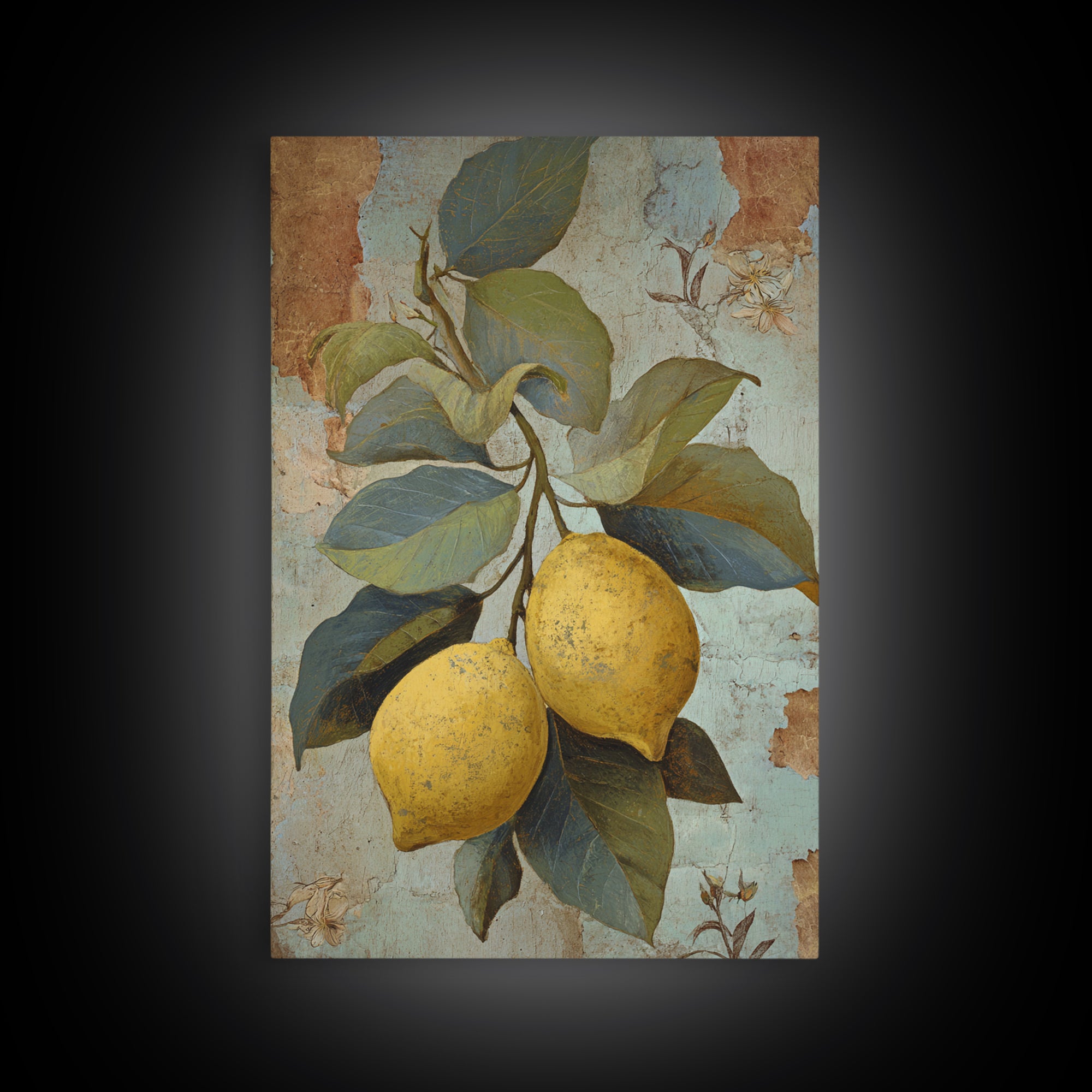Aged Botanical Plate of Lemons and Leaves Framed Canvas Print, French Country Art, Modern Decor, Farmhouse Decor, Oil Painting, FCA-2x3-68