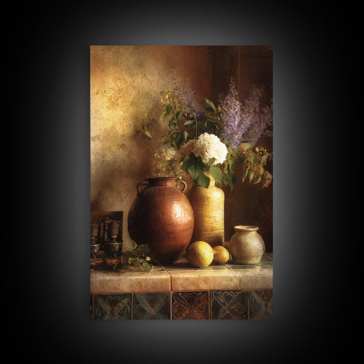 Antique Copper Pot and Flowers Still Life Framed Canvas Print, French Country Art, Digital Art, Farmhouse Decor, Watercolor Art, FCA-2x3-8