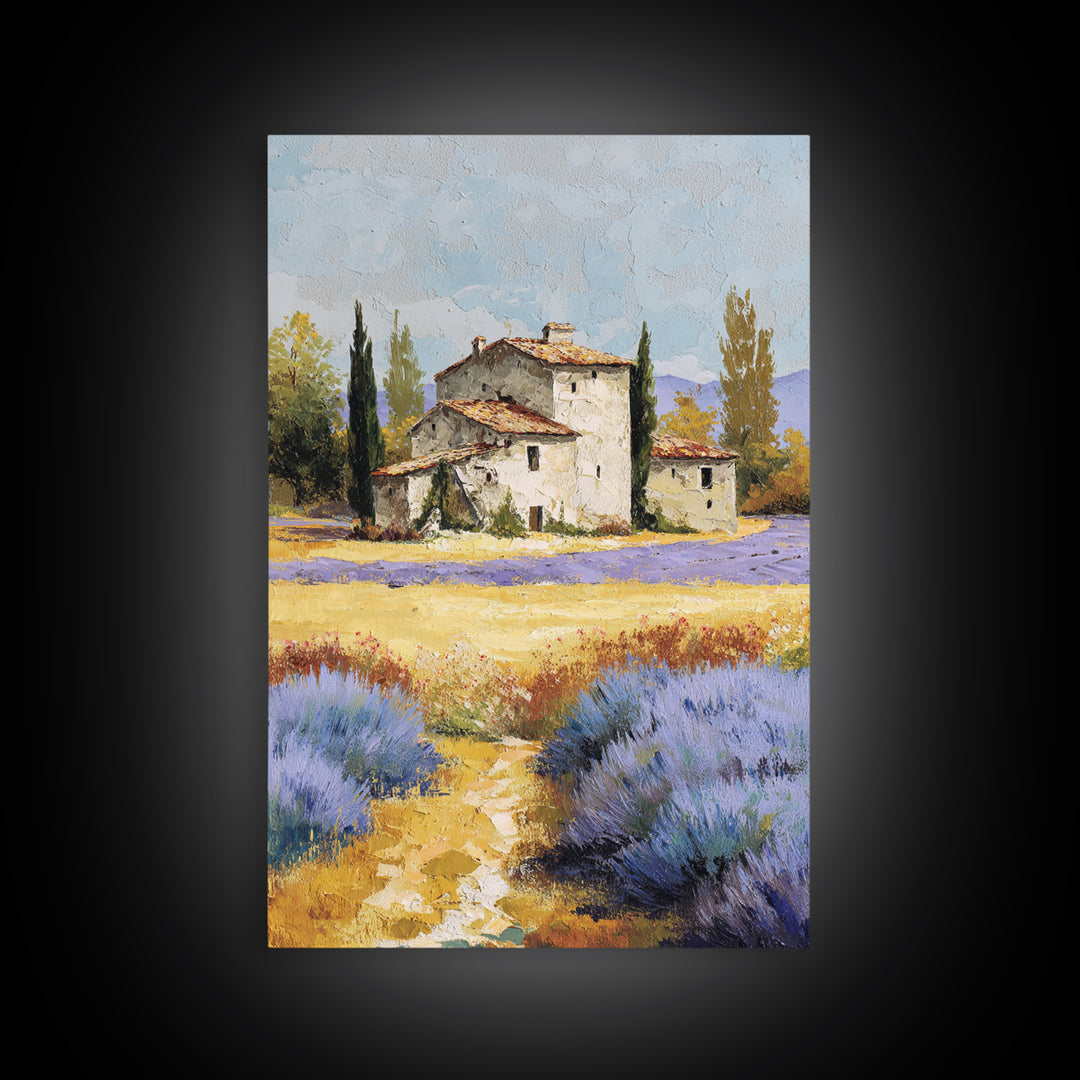 Lavender Field with Distant Stone Farmhouse Canvas Print, French Country Art, Minimalist Decor, Farmhouse Decor, Oil Painting, FCA-2x3-81
